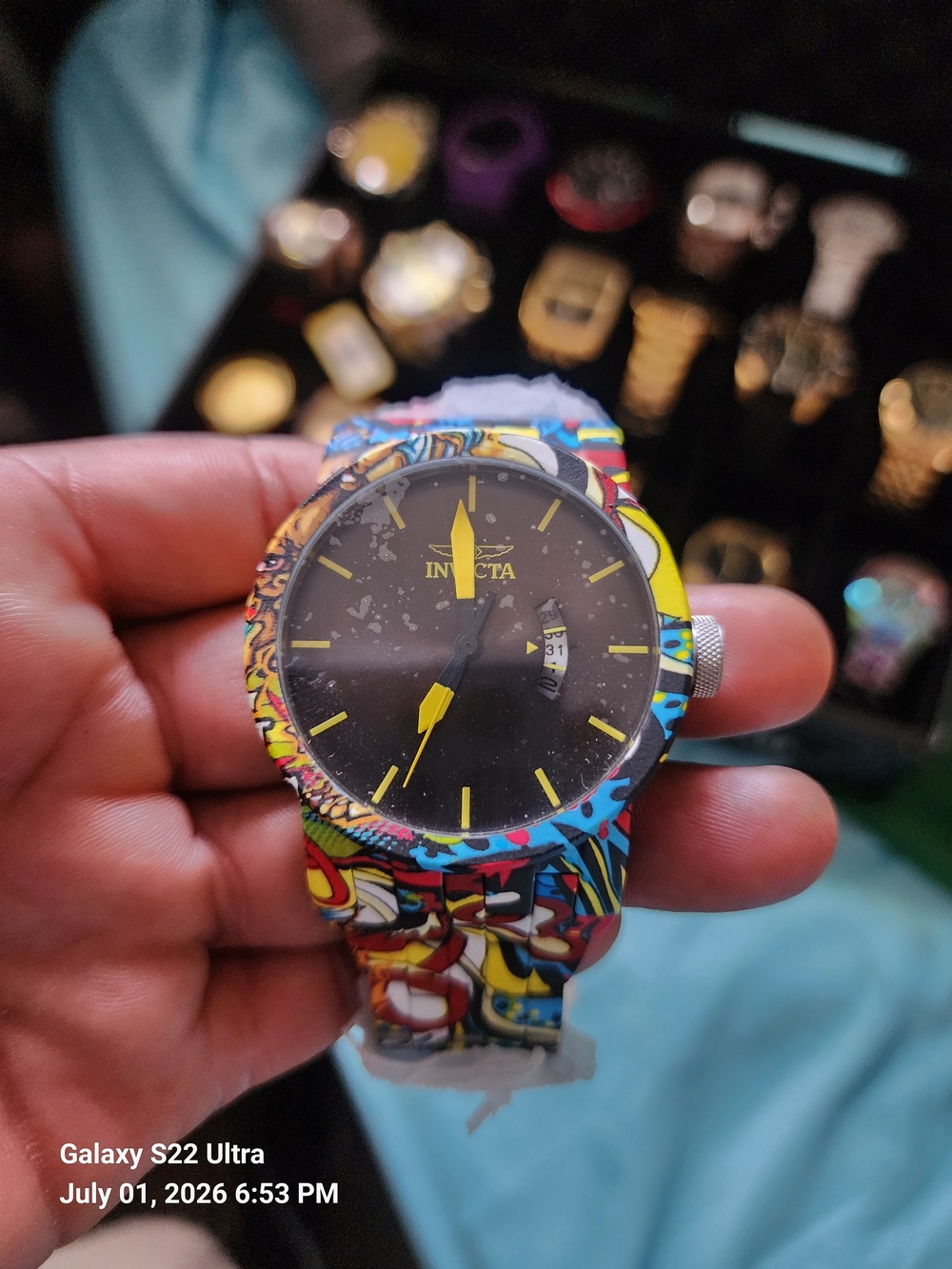 Invicta Colorful Graffiti Dial Watch - Yellow & Black Accents 50mm